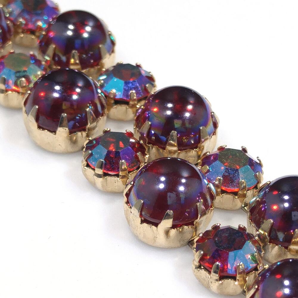 Mid-Century Red Aurora Borealis Rhinestone Cabochon Bracelet, Gold Plate Vintage - Picture 10 of 10